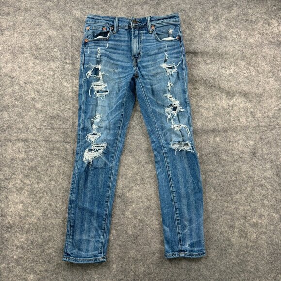 American Eagle Jeans Mens 28 x 28 Athletic Skinny Airflex Distressed Destroyed - Picture 1 of 11